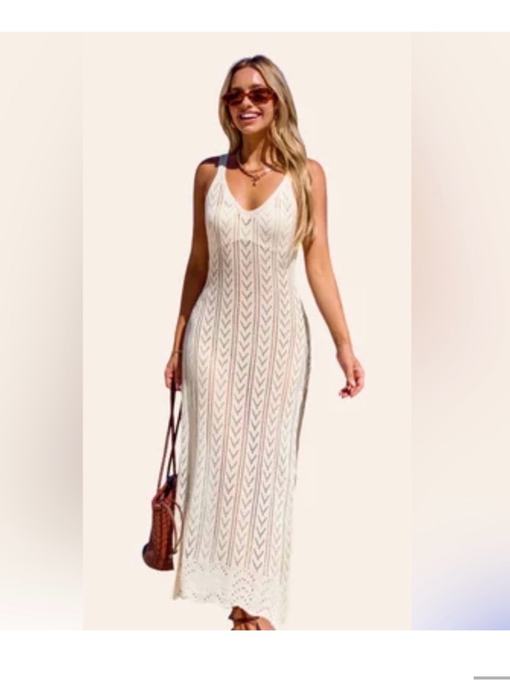 FRESHMAN 1996 Cream Knit Sleeveless Maxi Dress Size Medium - Picture 3 of 8